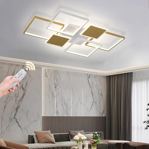 Moilsren LED Deckenleuchte Wohnzimmer Modern Rechteckige, 90W Deckenlampe LED Dimmbar, Wohnzimmerlampe Groß mit Fernbedienung Schlafzimmer Wohnzimmer Büro (Gold + Weiß, 90cm) von Moilsren