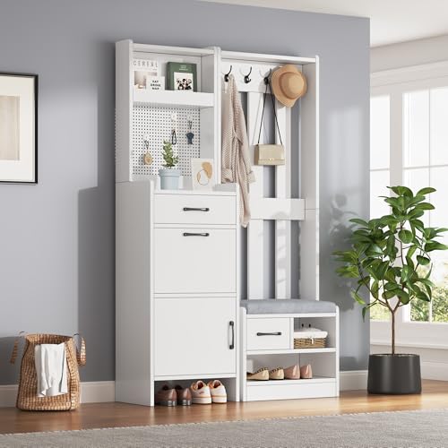 110x35x175.5cm Flur Garderobenständer Kleiderständer, 7-in-1 Garderobenständer mit Schuhbank, freistehend, mit 7 Haken, 2 Schubladen, Weiß 110x35x175.5cm Flur Garderobenständer Kleiderständer, 7-in-1 Garderobenständer mit Schuhbank, freistehend, mit 7 Haken, 2 Schubladen, Weiß von Moimhear