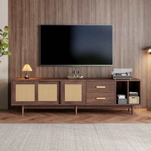 190 x 40 x 52 cm Lagerschrank, Lowboard-TV-Schrank mit Schubladen, TV-Ständer aus braunem Rattan-MDF-Material, Design mit 6 Stützbeinen, multifunktionaler Wohnzimmer-Lagerschrank,75-Zoll-Fernseher 190 x 40 x 52 cm Lagerschrank, Lowboard-TV-Schrank mit Schubladen, TV-Ständer aus braunem Rattan-MDF-Material, Design mit 6 Stützbeinen, multifunktionaler Wohnzimmer-Lagerschrank,75-Zoll-Fernseher von Moimhear