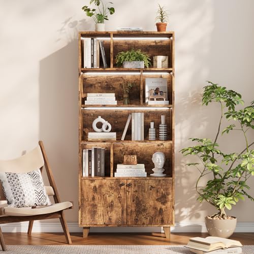 80x30x173cm Bücherregal, Beine aus Massivholz, mehrere Ablagefächer, Doppeltüren, LED-Farbwechsel-Ambientelicht, Fernbedienung, einfache Form (braun) von Moimhear