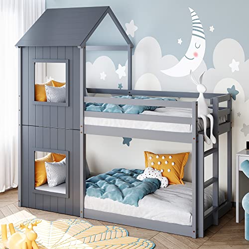 Moimhear 90x200cm Kinderbett Etagenbett Hausbett, Bodentief, mit Leiter & Baldachin (Grau) von Moimhear