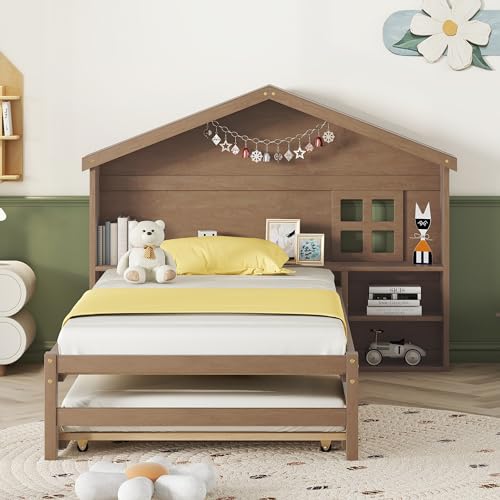 90x200cm hausförmiges Kinderbett, flaches Bett, kleine Fensterdekoration, Glühlampe, Massivholz (Braun) von Moimhear