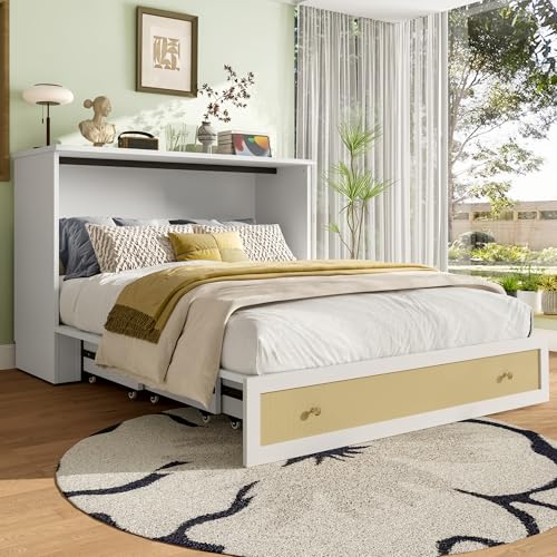 Closet Bed 140x200cm with Storage & USB Charging | Convertible Wall Bed with Shelves, Drawers, Power Outlets, Space-Saving Design, (Mattress Not Included) (Weiß) von Moimhear