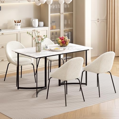 Esstisch mit 4 Stühlen Moderner Esstisch weiß mit Marmoroptik und gebogenen Beinen, Stühle 4er Set mit verstellbaren Fußpolstern und Körniger Samt-Sitzfläche (White+Black) von Moimhear