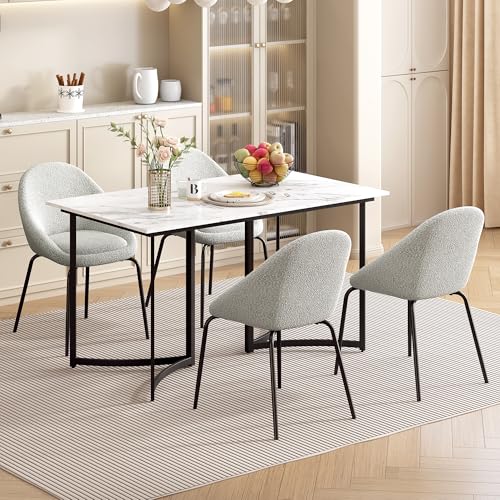 Esstisch mit 4 Stühlen Moderner Esstisch weiß mit Marmoroptik und gebogenen Beinen, Stühle 4er Set mit verstellbaren Fußpolstern und Körniger Samt-Sitzfläche (White+Gray) von Moimhear