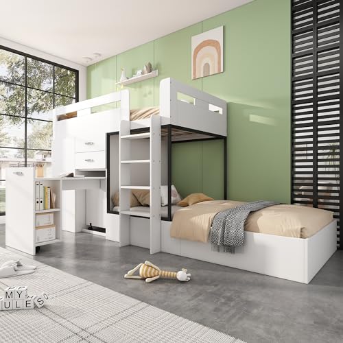 Etagenbett mit Ausziehbarer Schreibtisch und Garderobe,Kinderetagenbett, Mit Schublade & Regale & Leitern,Ohne Matratze, 90x200 cm,weiß Etagenbett mit Ausziehbarer Schreibtisch und Garderobe,Kinderetagenbett, Mit Schublade & Regale & Leitern,Ohne Matratze, 90x200 cm,weiß von Moimhear
