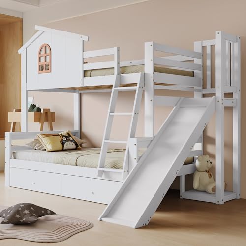 Etagenbett mit charakteristischen Fenstern und vierstufiger Kipptreppe, Kinder und Mutterbett mit mit Rutsche, mit Zwei Schubladen, Bettrahmen aus Massivholz, Weiß, 90x200 & 120x200cm（Ohne Matratze） von Moimhear