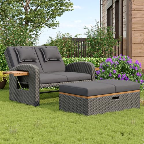 Moimhear Garten-Lounge-Sessel-Set für 2 Personen, graues Rattan, verstellbare Rückenlehne, Stützfuß, mit Fußhocker oder als Outdoor-Bett nutzbar, mit Rückenkissen und Sitzkissen von Moimhear