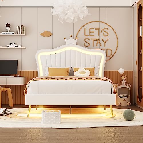Gepolstertes Kinderbett 90 x 200 cm, Bettgestell für Mädchen, Crown Doppelbett, weißes PU-Leder, mit LED-Lichtern, Lattenrost und Rückenlehne (Matratze nicht im Lieferumfang enthalten) (90 x 200 cm) von Moimhear