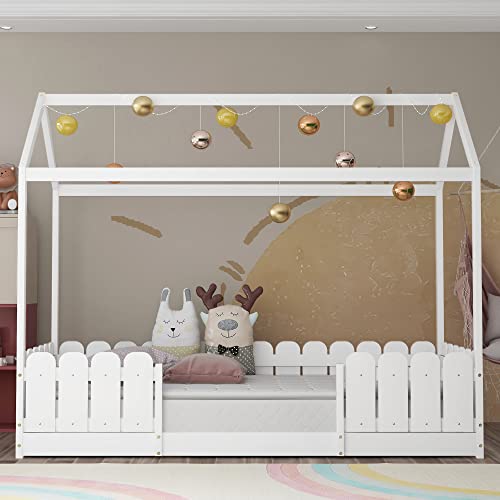 Hausbett 90x200 cm - vielseitiges Holz Kinderbett für Jungen & Mädchen - Mit Rausfallschutz und Lattenrost (Weiß) von Moimhear