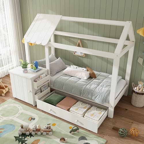 Hausbett Kinderbett 90x200 cm aus Massivholz mit Schubladen & abnehmbarem Nachttisch - Bodenbett in Weiß, ohne Matratze (White) von Moimhear
