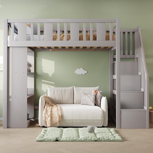 Hochbett 90x200cm, Kinderbett mit Stauraumtreppe, mit vielen großen Staufächern, Jugendbett, Holzbett (ohne Matratze) (Grau) von Moimhear