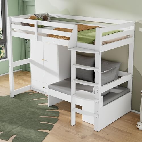 Hochbett für Kinder,Multifunktionales Kinderbett, mit eine Leiter, mit Kleiderschrank, Sofa mit Stauraum, DREI Kissen und Auflagen, mit Ablageboden, ohne Matratze, Massivholz, weiß, 90 x 200 Hochbett für Kinder,Multifunktionales Kinderbett, mit eine Leiter, mit Kleiderschrank, Sofa mit Stauraum, DREI Kissen und Auflagen, mit Ablageboden, ohne Matratze, Massivholz, weiß, 90 x 200 von Moimhear