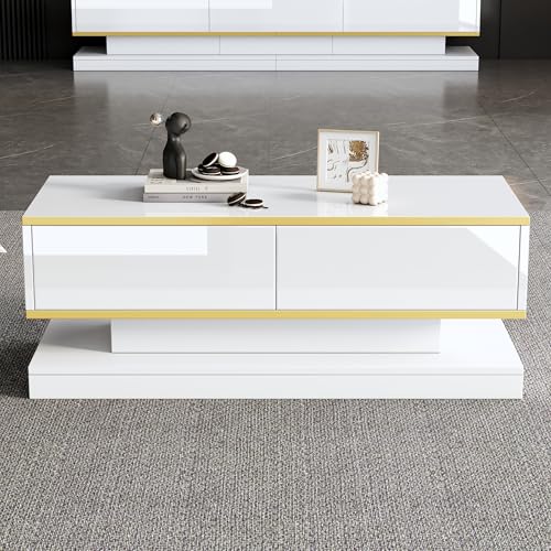 Hochglanz-Couchtisch, Sandband mit 2 großen Schubladen, Wohnzimmer-Esstisch, Warmweiß+Goldener, in der Mitte schmal und Oben und unten breit (100x50x38cm) von Moimhear