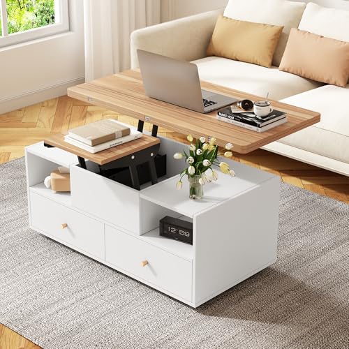 Höhenverstellbarer Couchtisch mit Klappfunktion und 4 Schubladen, 100x50x47.5cm, EIN großer und EIN Kleiner Hydraulik-Hubtisch, Weiß+Holzfarbe Höhenverstellbarer Couchtisch mit Klappfunktion und 4 Schubladen, 100x50x47.5cm, EIN großer und EIN Kleiner Hydraulik-Hubtisch, Weiß+Holzfarbe von Moimhear