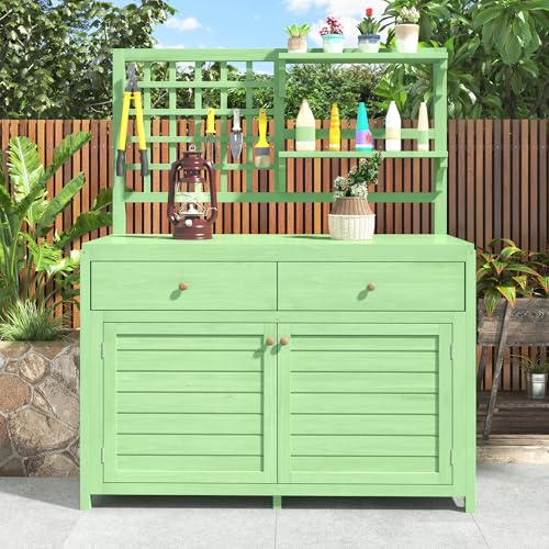 Moimhear Holz Gartenschrank, mit Regalen Outdoor Schrank, Geräteschuppen Terrassenschrank, Balkonschrank, Gerätehaus, Garten Möbel (Grün, Stil 2) von Moimhear