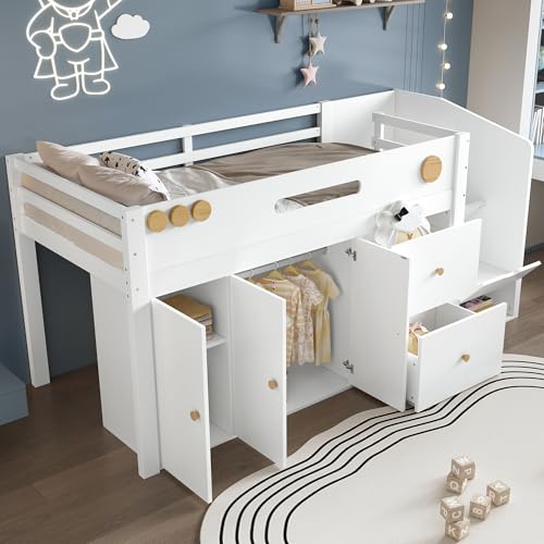Holzbett, Kinderbett, Halbhohes Bett, 90x200cm, Aufbewahrungstreppe mit magnetischen Türen, Mit Zwei Schubladen und Kleiderschrank, Weiß+Natur Holzbett, Kinderbett, Halbhohes Bett, 90x200cm, Aufbewahrungstreppe mit magnetischen Türen, Mit Zwei Schubladen und Kleiderschrank, Weiß+Natur von Moimhear