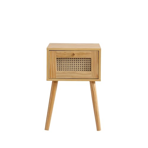 Klassischer Nachttisch mit ein Schubladen, mit Rattan-Schubladenplatte, mit goldfarbenem Metallgriff und lange Holzbeine, Stauraum im Wohnzimmer und Schlafzimmer, Spanplatten+PE-Rattan, Natur von Moimhear