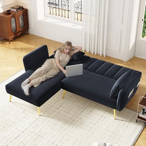 L-förmiges Klappsofa mit Schlaffunktion- Modernes Ecksofa mit Verstellbarer Rückenlehne und Stauraum, Samtstoff, 191cm | Multifunktionales Sofabett für Wohnzimmer & Gästezimmer (Black) von Moimhear