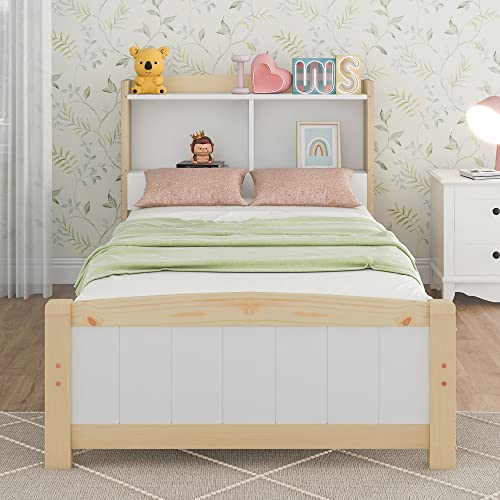 Massivholz Einzelbett Stauraum-Kopfteil Bett,90 x 200 cm Bettgestell mit Lattenrost Holzbett mit Kopfteil,Kinderbett Jugendbett Kiefer massiv Natürlich und Weiß (Ohne Matratze und Schubladen) von Moimhear