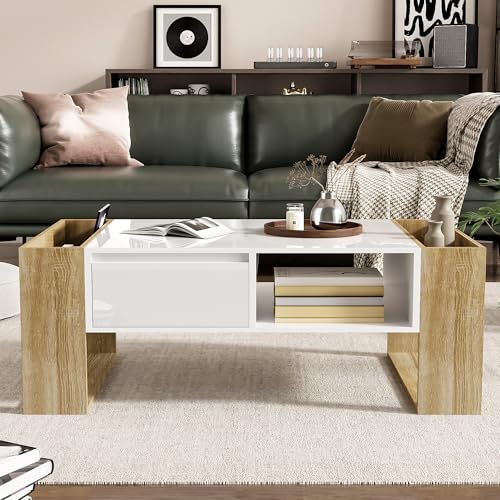 Moderner Couchtisch 105x60x40cm, teilweise Hochglanz, mit Schubladen und offenen Fächern, Geeignet für Wohnzimmer und Büro Moderner Couchtisch 105x60x40cm, teilweise Hochglanz, mit Schubladen und offenen Fächern, Geeignet für Wohnzimmer und Büro von Moimhear
