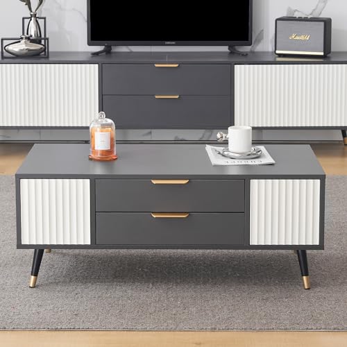 Moderner Couchtisch in Off-White rechteckig 100x50x40 cm - mit 2 Türen, 2 Schubladen und Golddekor, niedriger Wohnzimmertisch, Beistelltisch Moderner Couchtisch in Off-White rechteckig 100x50x40 cm - mit 2 Türen, 2 Schubladen und Golddekor, niedriger Wohnzimmertisch, Beistelltisch von Moimhear