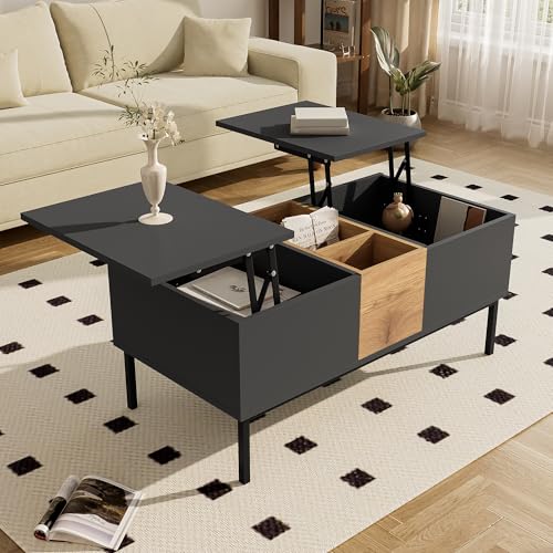 Moderner Couchtisch mit verstellbarem Tischplatte, Schwarzgrau und Holzoptik, höhenverstellbar (Schwarz + Holzfarbe (100 x 50 x 60 cm)) von Moimhear