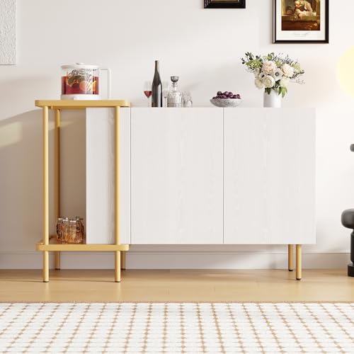 Moderner Sideboard, 120 x 40 x 77.5 cm (LxBxH) Schrank mit 2 Türen und 2 offenen Fächern, Couchtisch aus Metall, Glas (Weiß+Gold) von Moimhear