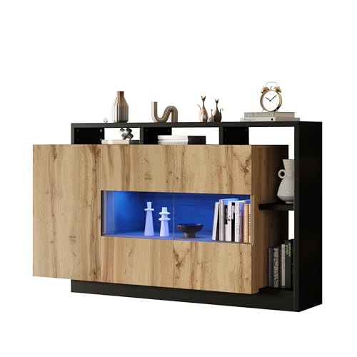 Moderner Sideboardschrank mit Stimmungslicht, Esszimmerschrank aus MDF-Glas in Naturholzfarbe, Esszimmerschrank mit Stimmungslicht für das Wohnzimmer mit Bluetooth-Steuerung Moderner Sideboardschrank mit Stimmungslicht, Esszimmerschrank aus MDF-Glas in Naturholzfarbe, Esszimmerschrank mit Stimmungslicht für das Wohnzimmer mit Bluetooth-Steuerung von Moimhear