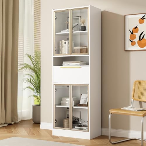 Moderner Weißer Hochschrank, mit 16-Farb-LED, 60×35×180cm, Vitrine mit Glasfront&Schublade, Stauraum&Beleuchtung für Wohnzimmer, MDF&Sicherheitsglas von Moimhear