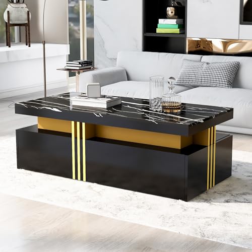 Moderner rechteckiger Couchtisch, 100x50x40cm, mit Hochglanzplatte mit 2 Holzschubladen, marmorierte Tischplatte, für Wohnzimmer (Schwarz+Gold) von Moimhear