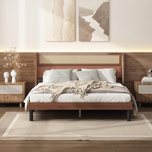 Modernes Plattform-Doppelbett, mit PU-Polster und Rattan, Gebogene Ohren mit Rattanmaterial, Erwachsenenbett mit Holz Lattenroste, Kiefer, MDF, PVC-Rattan, PU, Walnuss, 160x200cm von Moimhear