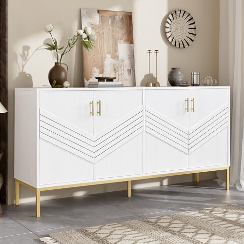 Modernes Sideboard mit 4 Türen, MDF-Korpus mit Metallbeinen, 160x40x80.5cm, große Kapazität, höhenverstellbare Regale – für Wohnzimmer, Esszimmer & Flur (Weiß+Holzmaserung) von Moimhear