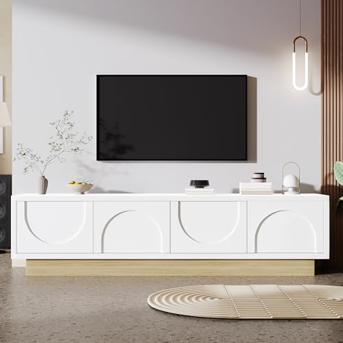 Modernes TV-Lowboard mit Stauraum – Abgerundetes Design, Kabelmanagement, Texturfront, Weiß – MDF Medienkonsole Wohnzimmer (175x40x42cm) von Moimhear