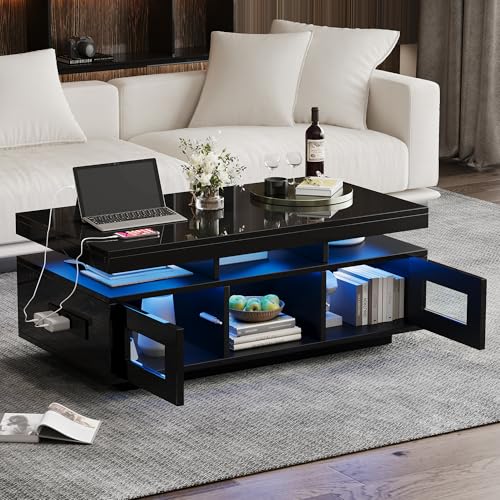 Moimhear 100×50×43cm, Hochglanz-Couchtisch, mit LED-Leuchten, Wohnzimmertisch mit Schrank, Sofatisch mit Ladeanschluss und Steckdose, geeignet für Büro (Schwarz) von Moimhear