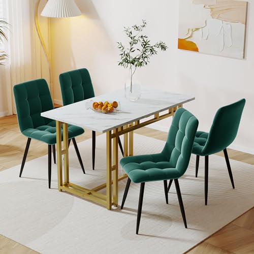 Moimhear 120 x 70 cm weißer Esstisch mit 4 Stühlen, modernes Küchen-Esstisch-Set, Samt-Esszimmerstühle, Tisch mit Goldenen Eisenbeinen (dunkelgrüner) von Moimhear