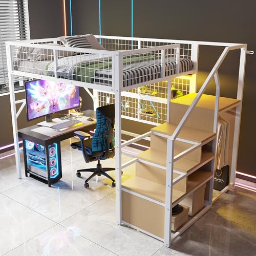 Moimhear 140 * 200 Hochbett, multifunktionales Metallgestell, ausgestattet mit APP-gesteuerter Fantasie-Lichtleiste, Treppe mit Stauraum und offenem Kleiderschrank, ohne Matratze (Weiß) von Moimhear