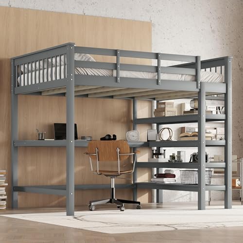 Moimhear 140 x 200cm Kinderhochbett mit Ablagefächern und Unterbettschreibtisch (Grau) von Moimhear