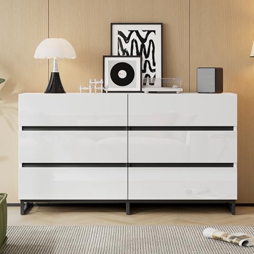Moimhear 140x39.5x78.5cm Wohnzimmer Sideboard, mit 6 Schubladen, Hochglanz-Kommode, mit 3 Metallbeinen, Beistellschrank, Weiß+Schwarz von Moimhear