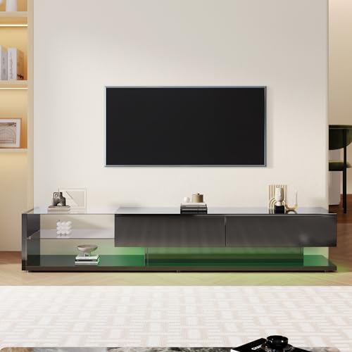 Moimhear 170 L x 36 B x 38H cm, TV-Schränke, Lowboards, Kombination aus Hochglanzweiß und Holzfarben. Glastrennwände und Variable LED-Beleuchtung (Schwarz) von Moimhear