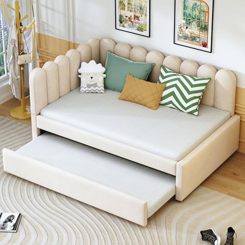 Moimhear 2-in-1 Multifunktions-Schlafsofa in L-Form, Samtrosa Polsterbett Platzsparendes Design Kann als Kinderbett oder Gästebett genutzt Werden (Beige, 140x200cm) von Moimhear