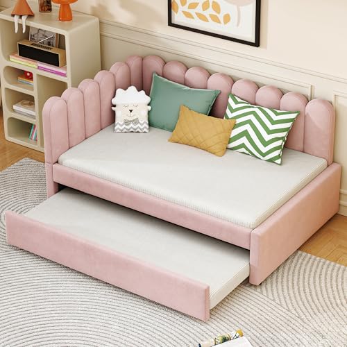 Moimhear 2-in-1 Multifunktions-Schlafsofa in L-Form, Samtrosa Polsterbett Platzsparendes Design Kann als Kinderbett oder Gästebett genutzt Werden (Rosa, 140x200cm) von Moimhear