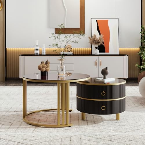 Moimhear 2-in-1 runder MDF-Couchtisch, Beistelltisch mit 1 Hochglanz-Tischplatte und 1 brauner Tischplatte aus gehärtetem Glas, Wohnzimmer-Couchtischkombination mit 2 Schubladen (Gold und Schwarz) von Moimhear