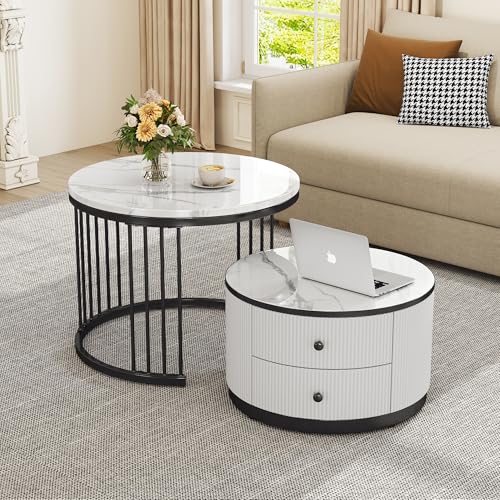 Moimhear 2-teiliges, Couchtisch-Set in Nestform, 60x60x45.5cm+50x50x32cm, runde Tische mit hochglänzender Marmoroptik, bis 30kg belastbar, Nesting-Kombination (Weiß+Schwarz) von Moimhear
