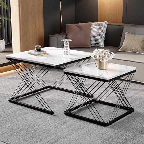 Moimhear 2-teiliges Couchtisch-Set, quadratische Tische in 60x60x45cm+ 45x45x40cm, hochglänzende Marmoroptik, höhenverstellbare Füße, bis 30kg belastbar (Weiß+Schwarz) von Moimhear