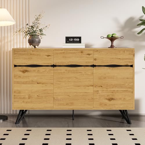 Moimhear 3-Türiges Sideboard in Holzoptik mit Metallbeinen, Viel Stauraum, Für Wohnzimmer, Esszimmer, geeignet (Holz+Schwarz,140x40x75.5cm) von Moimhear
