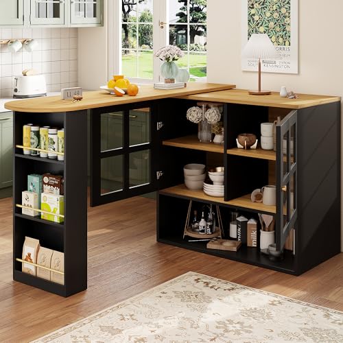 Moimhear 360° drehbare Esstheke, multifunktional, mit Snackständer, 5-lagiges Regal, drehbares Sideboard mit Regalen und Glas (Schwarz+Holzfarbe) von Moimhear