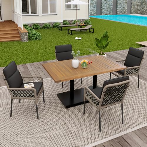 Moimhear 5-teiliges Esstisch- und Stuhlset für den Außenbereich für 4 Personen, Tischplatte aus massivem Akazienholz, Stühle mit PE-Rattanumwicklung (Schwarz und Holz) von Moimhear