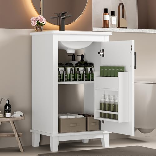 Moimhear 51x34x83cm, Bodenstehender Badezimmerschrank, Waschtisch, Türregale, verstellbare Regale, integriertes Keramikwaschbecken, für kleine Räume (weiß) von Moimhear