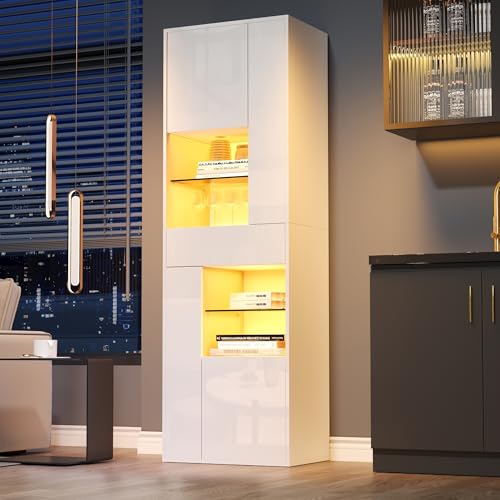 Moimhear 55x38x170cm vitrine, Hochschrank mit 1 Schublade und 4 Schränken, Glasvitrine Vitrinenschränke, Vitrinen Mit Hochglanz-Design (Weiß) von Moimhear